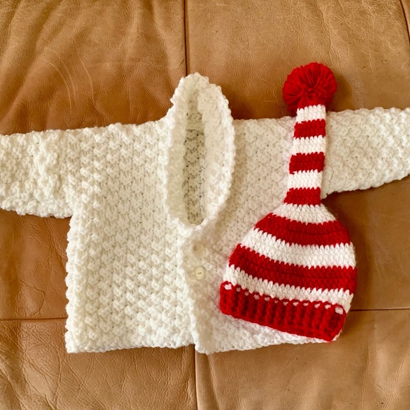 Hand Crafted Other - Girls Red & White Striped Stocking Hat & White Cardigan